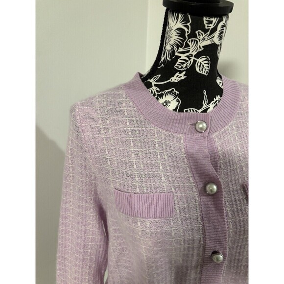 BLOOMINGDALES Purple Pink Pearl Buttons 2-Ply Cashmere Jacket Cardigan Medium - Picture 5 of 6